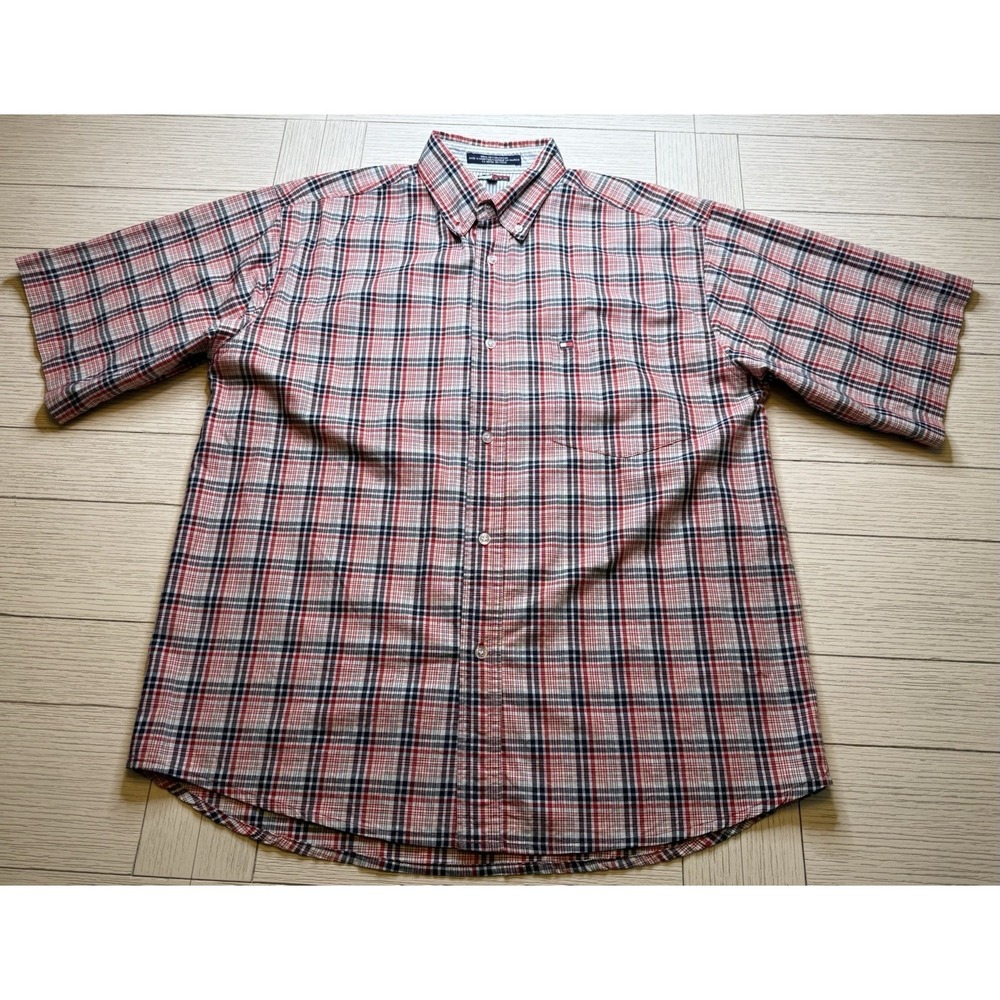 Tommy Hilfiger Shirt Short Sleeve L Red White Blue‎ Plaid Men Classic Americana